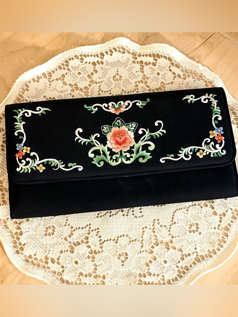 Black Embroidered Whimsy Goth Floral Clutch Bag